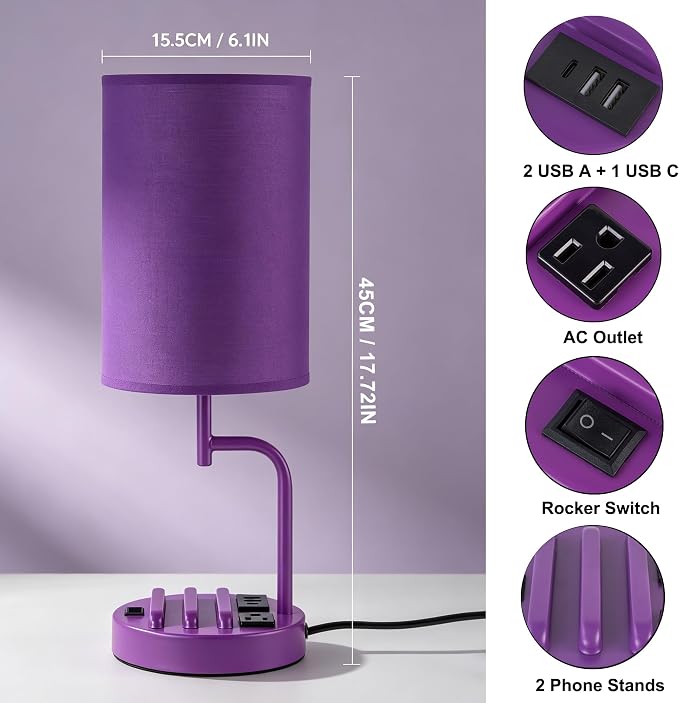 Dreamholder 2 Pack Table Lamp, Bedside Lamp with 3 USB Charging Ports & AC Outlet, USB Desk Lamp with 2 Phone Holders, Linen Fabric Shade Nightstand Lamps for Bedroom Living Room Office, Purple