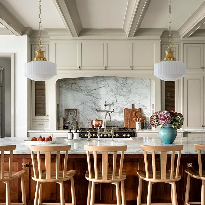 Milk Glass Pendant Light, 10.63" White Pleated Glass Chandelier, Vintage Brass Antique Pendant Lights, for Kitchen Island Lighting, Hallway, Bedroom, Dining Room, Foyer, E26 Bulb Included