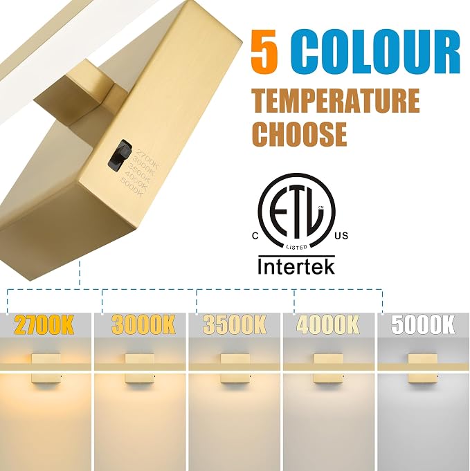 Gold Bathroom Vanity Light Fixture 39.4'' 20W Dimmable 5CCT LED Hardwired | Bathroom Light Fixture Over Mirror, Bathroom Wall Sconce, Rust-resistant, ETL Certificated, 2700K/3000K/3500K/4000K/5000K