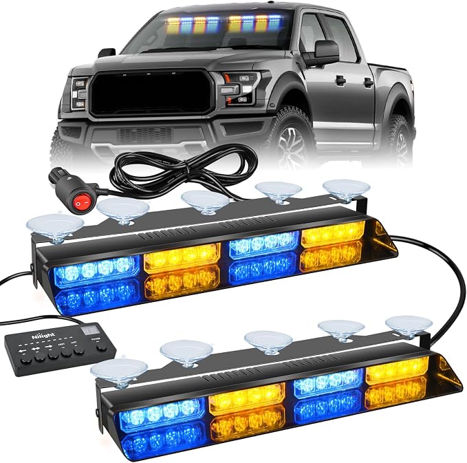 Nilight 32LED Amber Blue Emergency Dash Strobe Lights with Controller | Suction Cups Warning Hazard Interior Front/Rear Windshield Deck Split Light Bar for Trucks Construction Vehicles