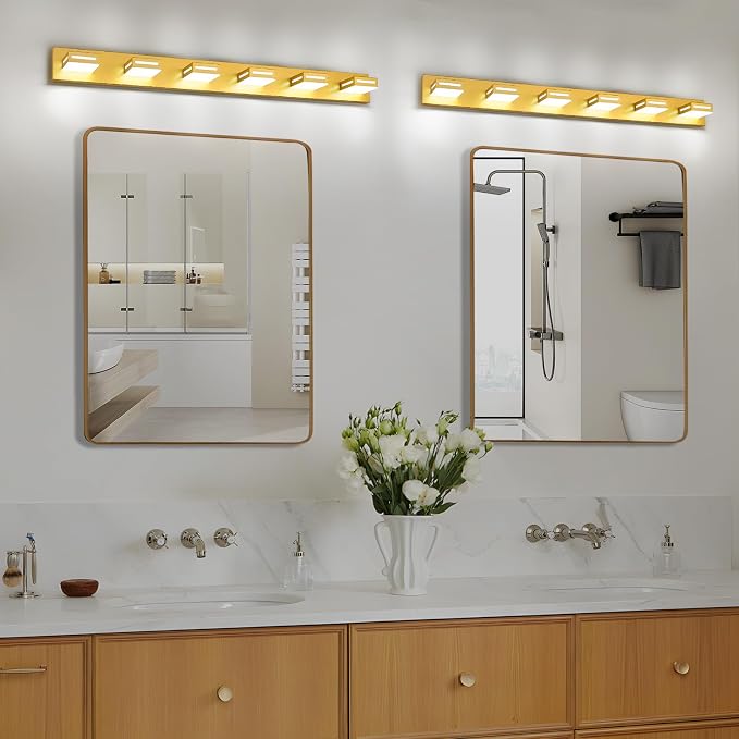 LED Modern Bathroom Light Fixtures, 6-Light 48-Inch Gold Vanity Lights for Bathroom Lighting Fixtures Over Mirror, 6000K Cool White 350° Rotatable Wall Lamp