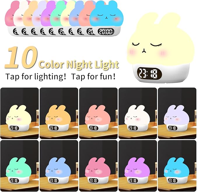 Bunny Alarm Clock with Night Light for Kids, Cute Digital Clocks for Bedrooms, Ok to Wake Clocks Battery Operated, Rechargeable Led Desk Clock With Timer, Bedside Clock Gifts for Teen Boys Girls White