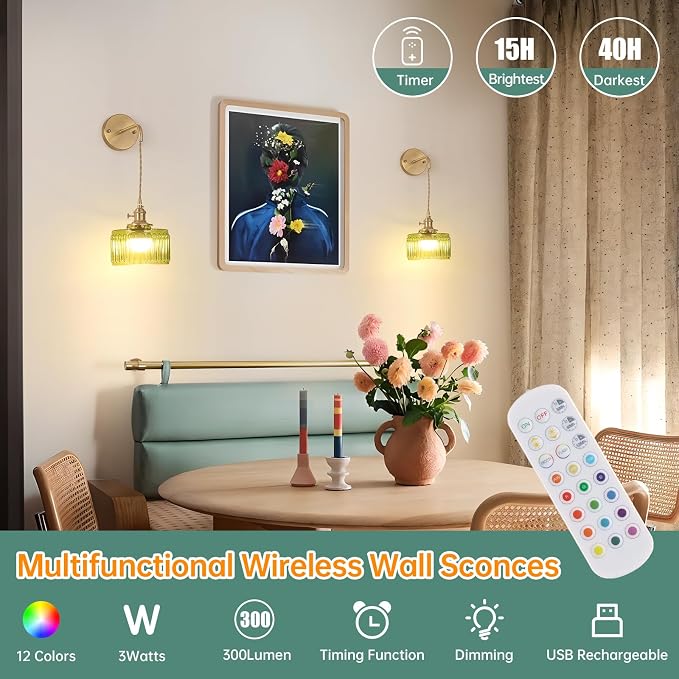 Shenmoyl Battery Operated Wall Sconce with Green Striped Shade Pattern Glass Adjustable Chain Retro Gold Wall Mounted Light, Modern Wall Lamp Fixtures Decor for Bedside Bedroom Indoor Doorway