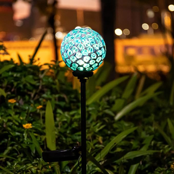VCUTEKA Decorative Solar Garden Lights, 3.5" Mosaic Globe Outdoor Stake | Mosaic Glass Globe Design, Solar LED Light, Waterproof Design, Auto On/Off and Metal Stake Design for Lawn and Patio