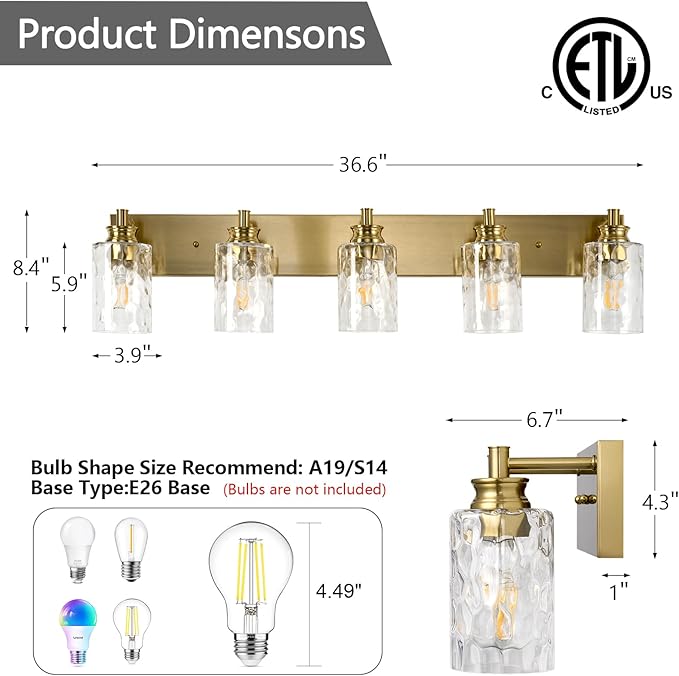 6 Light Bathroom Vanity Light Modern Brushed Gold Bathroom Light Fixtures Over Mirror with Hammered Glass Lampshade for Kitchen Hallway