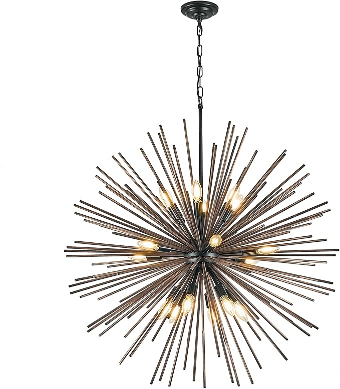 Large Wood Sputnik Chandeliers 18 Light Starburst Chandelier Light Fixture Solid Wood Farmhouse Black Satellite Light Fixture for Living Room Foyer Dining Room Hotal Hall 36in