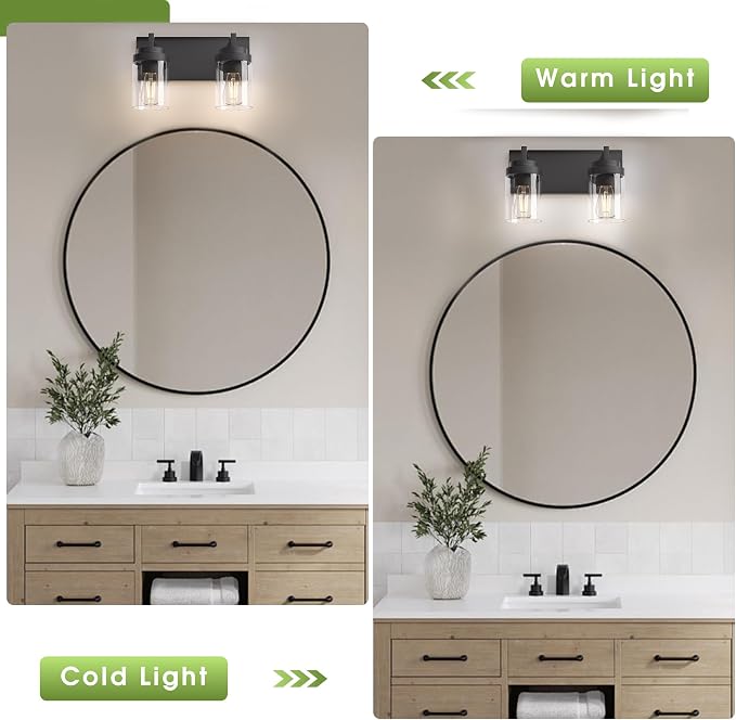 Bathroom Vanity Fixtures, 2 Light Matte Black Vanity Light with Clear Glass Shade, 15in Farmhouse wall Light, Lighting Fixture Over Mirror for Bathroom