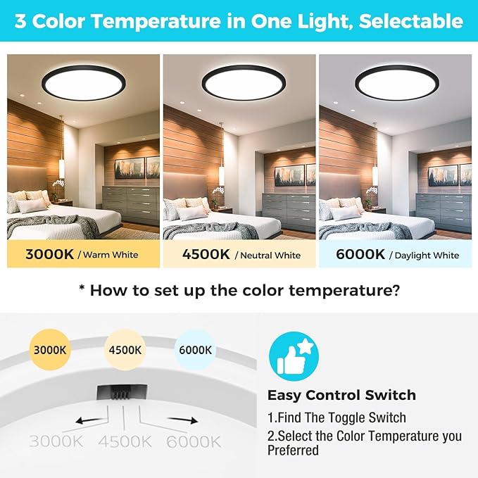 libtit 13 Inch LED Round Flat Light, 28W 3200lm 3000K/4500K/6000K CCT Selectable, Black Ceiling Light Surface Mount, Slim Ceiling Lamp Flush Mount for Bedroom, Kitchen, Office,Closet,Laundry Room