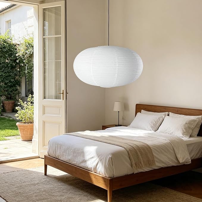 23.6'' Oval Boho Paper Lanterns for Great Room,Clip On Ceiling Light Cover | Light and Foldable, airy aesthetic,Natural Pendant Light Shade for Dining Area Living Room Hallway Bedroom Home Decor