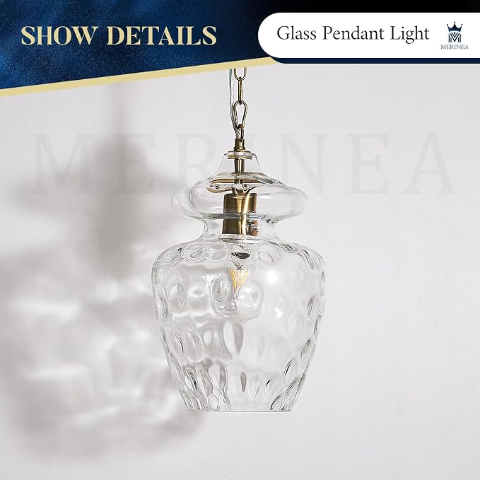 Modern Gold Pendant Lights Hammered Glass Pendant Lighting 9" Single E26 Hanging Ceiling Light for Kitchen Island Dining Room Hallway Bedroom Entryway