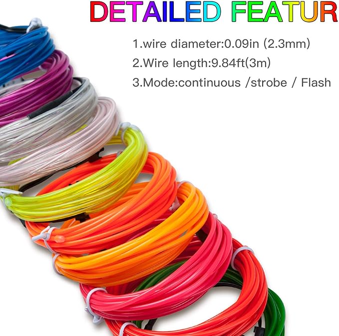 lychee 9ft EL Wire Neon Glowing Strobing Electroluminescent Light El Wire w/Battery Pack for Parties, Halloween Decoration (Red)