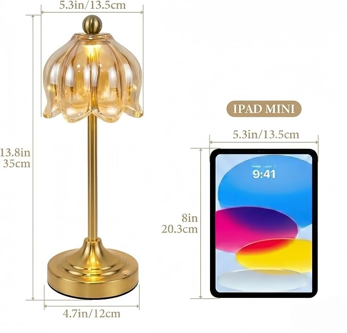 Set of 2 Vintage Cordless Amber Glass Tulip Table Lamps, Accent Light