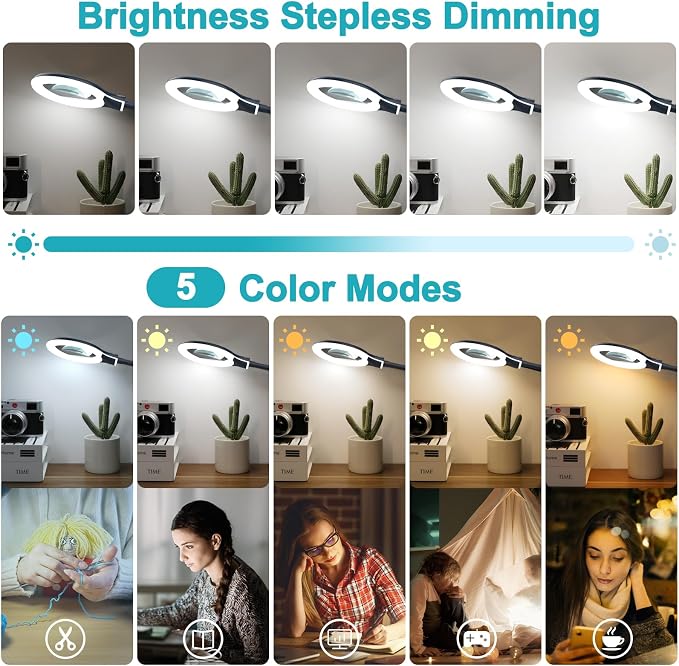 10X Magnifying Glass with Light and Clamp, 5 Color Modes Stepless Dimmable Lighted Magnifier with Stand, Flexible Gooseneck LED Desk Lamp Hands Free for Craft Painting Hobby Close Work - Blue