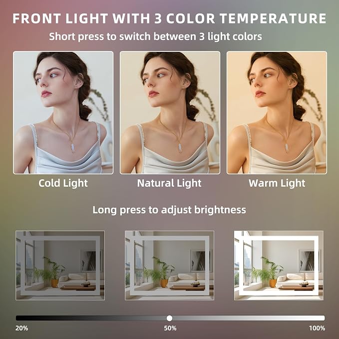 FENCHILIN Vanity Mirror with Lights, 23" x 18" RGB Backlit + Front Lit Hollywood Makeup Mirror LED Strip with 3 Colors Modes Smart Touch for Dressing Room & Bedroom Tabletop White