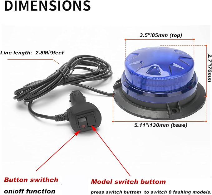 Blue Led Emergency Strobe Beacon Lights for Car Vehicles 12V 24V 24-LEDs | Magnetic Mount, 8 Flash Model, Warning Safety Flashing, Rooftop Signal Lamp for Forklife Construction Truck Tractor Golf SUV