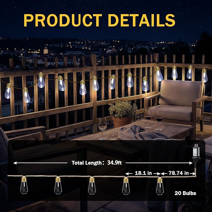 (New) Outdoor String Lights, 24FT Hemp Rope LED Patio Lights, Waterproof 8 Light Modes Plug-in Hanging Edison Bulb Lights for Backyard, Garden, Porch, Wedding, Christmas Decor