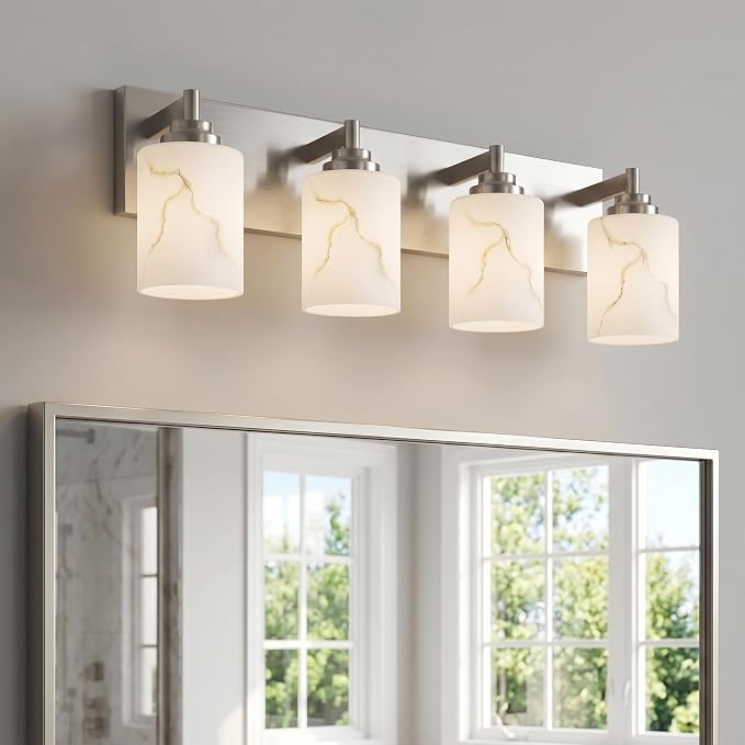 4-Light Bathroom Light Fixture, Brushed Nickel Modern Vanity Light with White Marble Glass Shade, for Bathroom Mirror, Living Room, Bedroom, Hallway, E26 Base, Extended Base