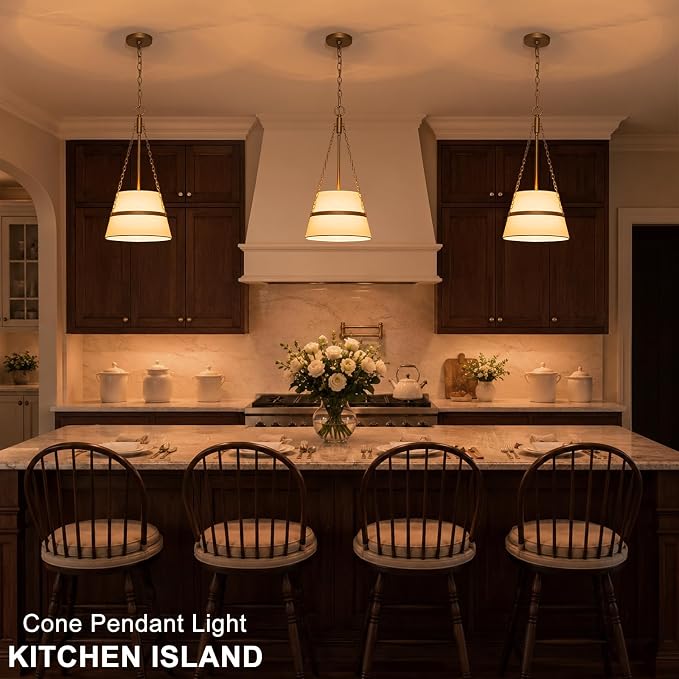 11.4" Gold Drum Pendant Light for Kitchen Island, White Linen Fabric Shade | Modern Transitional, Cone Shape, 3 Side Chains, 1-Light, Breakfast Nook, Reading Corner, Adjustable Height 11.42"W x 23.82"H