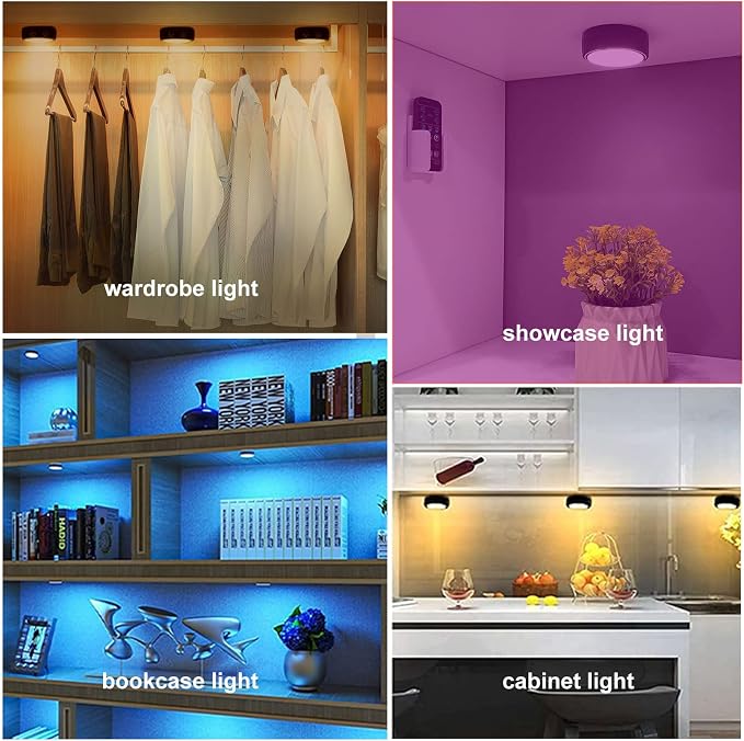 Onumii Battery Operated Under Cabinet Lighting with Remote, Wireless LED Puck Lights Color Changing with Timer, Stick On Closet Lights for Kitchen Cabinets Shelf Display - 2 Pack Black