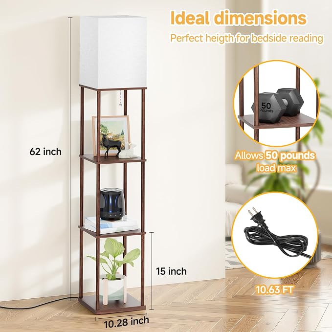 SHINE HAI Floor Lamp with Shelves, 3-Tier Square Modern Shelf Lamp | 3CCT Bright Bulb Included, Tall Standing Lamps for Living Room Bedroom Office