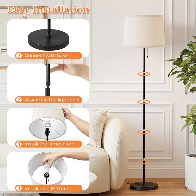 Floor Lamps for Living Room & Bedroom, 60" Modern Tall Standing Lamp, 3CCT | Lamps for Office, Classroom, Bedside, Linen Lampshade, Pull Chain Switch, Modern Design, Anti-glare Lighting, Easy Assembly