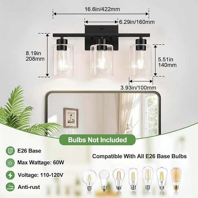 Black Bathroom Light Fixtures with Clear Glass Shades, Modern 3 Light Vanity Lights for Bathroom, Vanity Lights with E26 Socket (Bulbs Not Included), for Mirror, Bedroom, Hallway