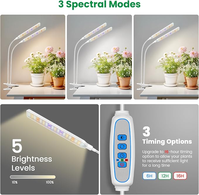 Aumtrly Plant Light Clip on, 2 Pack White, 228 LED Full Spectrum Grow Lamp | for Seed Starting and Indoor Plants Growing, 6/12/16H Auto Timer, 5 Dimming Levels, 3 Light Modes, Flexible Gooseneck Arm