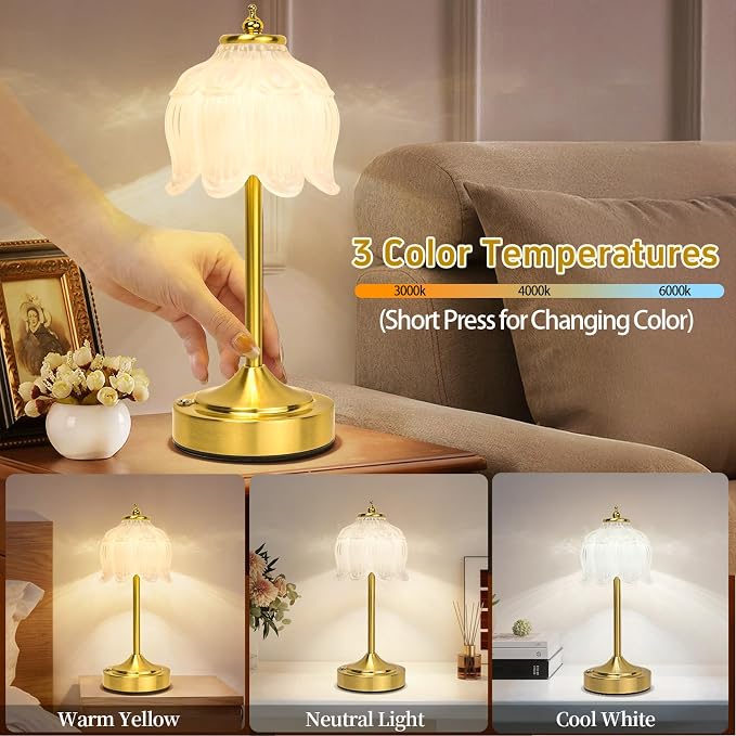 Cordless Table Lamp, Rechargeable White Glass Lotus Flower Lamp | 5200mAh touch lamp with 3 color modes and stepless dimming, battery operated lamp for nightstands and kitchen counters