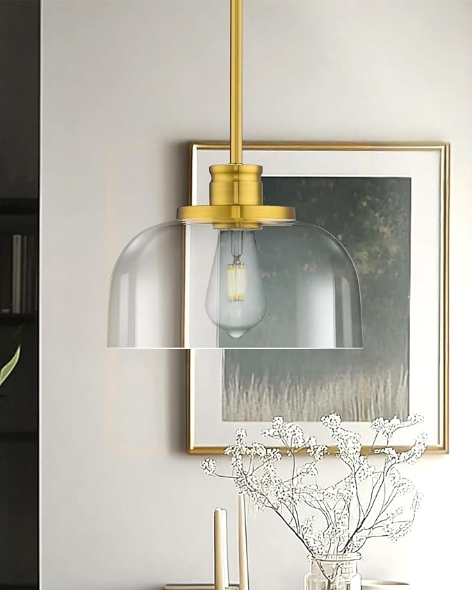 Emak 10 Inch Pendant Lights Kitchen Island, Brushed Gold Pendant Light Fixtures with Clear Glass Shade, Modern Island Lights for Kitchen, Dining Room, Bathroom, PL131-BGD-CG