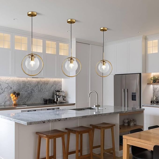 BOKT Clear Bubble Glass Globe Pendant Light Brushed Gold Circle Round Pendant Lighting Mid Century Modern 1-Light Large Single Kitchen Island Bar Lighting Fixture Ceiling Hanging