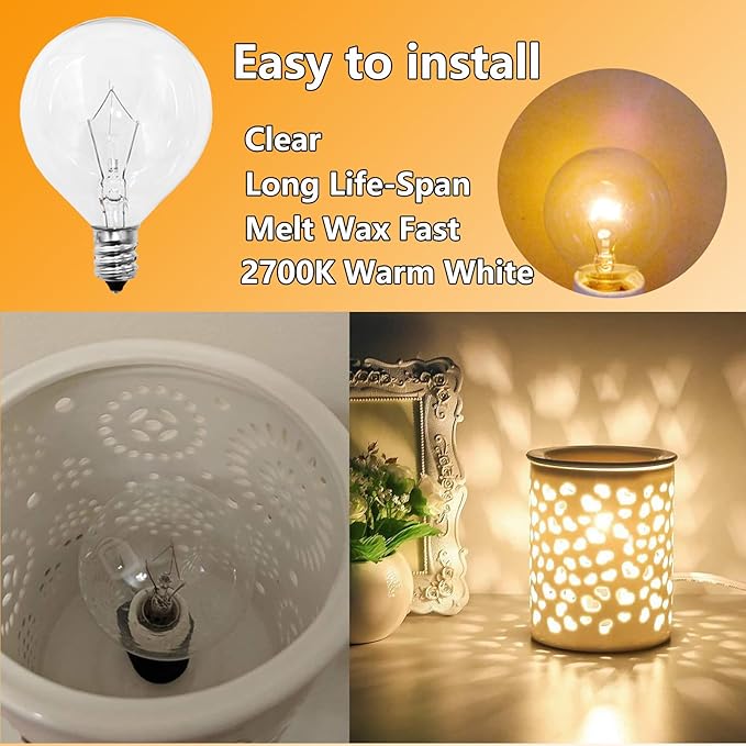40 Watt E12 Candelabra Base Round Bulbs,G50 Light Bulbs for Full Size Scentsy Warmer,Chandelier,Decorative Vanity Lights,Ceiling Fans Lights,120V Dimmable Globe G16 1/2 Bulb,2700K Warm White,6 Pack