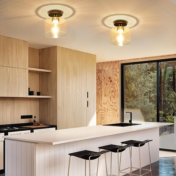Semi Flush Mount Ceiling Light, Modern Kitchen Lighting Fixtures Ceiling, Rustic Ceiling Light Fixtures, Ceiling Lights with Glass Shade for Hallway Foyer Entryway Bedroom