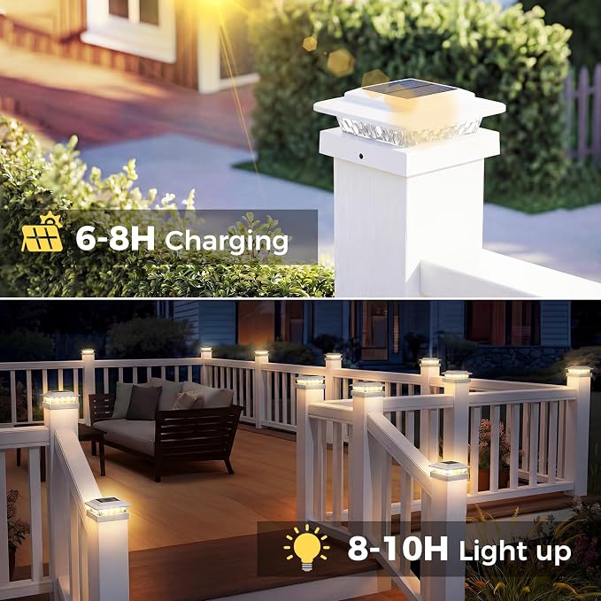kolpop 4x4 Solar Post Cap Lights Outdoor 8Pack- 3 Color Temperatures&2 Level Brightness, IP65 Waterproof, 16 LED Fence Deck Post Light Solar Powered Only for 4×4/3.5×3.5 Wood/Vinyl Posts(White)