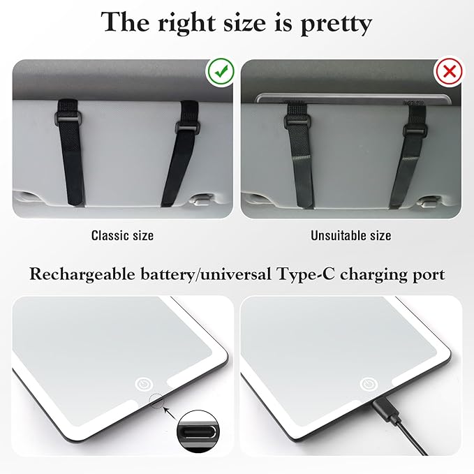 LED Vanity Mirror for Regular Car Sun Visor,Lightweight Car Mirrors with Dimmable Lights, 3-Color Vanity Makeup Mirror for Universal Standard Vehicle Visor