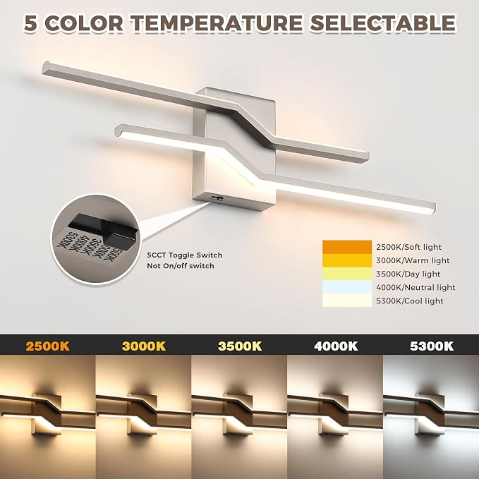 24 Inch Vnaity Lighting Led Bathroom Lights Over Mirror Brushed Nickel Dimmable 5CCT 24W Modern Bath Vanity Lights Bar Wall Sconces