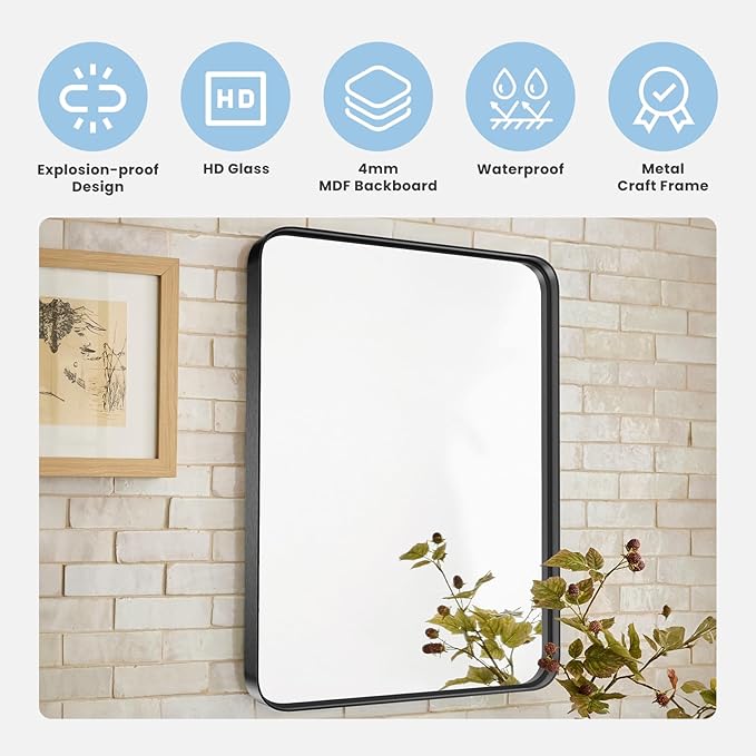 NEWBULIG 22X30 Inch Bathroom Wall Mirror, Vanity Bathroom Mirrors for Over Sink Tempered Glass, Anti-Rust Metal Framed Rounded Rectangle, Hangs Horizontally or Vertically, Farmhouse Home Decor, Black