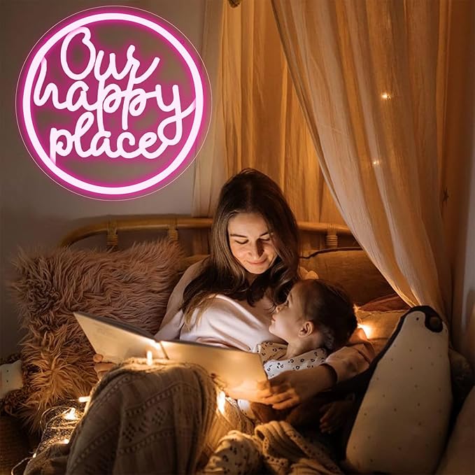 Our Happy Place Neon Sign Happy Place Neon Signs for Wall Decor，LED Signs for Bedroom Living Room Man Cave Home Bar Birthday Party Game Zone Decor Neon Classroom Signs