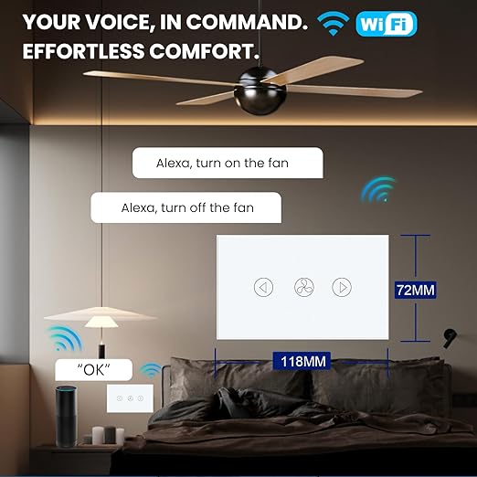 Smart Fan Switch Single Gang 2.4GHz Wi-Fi Touch Switch, Neutral Wire Required,Work with Smart Life/Tuya App and Alexa,Tempered Glass Panel,White