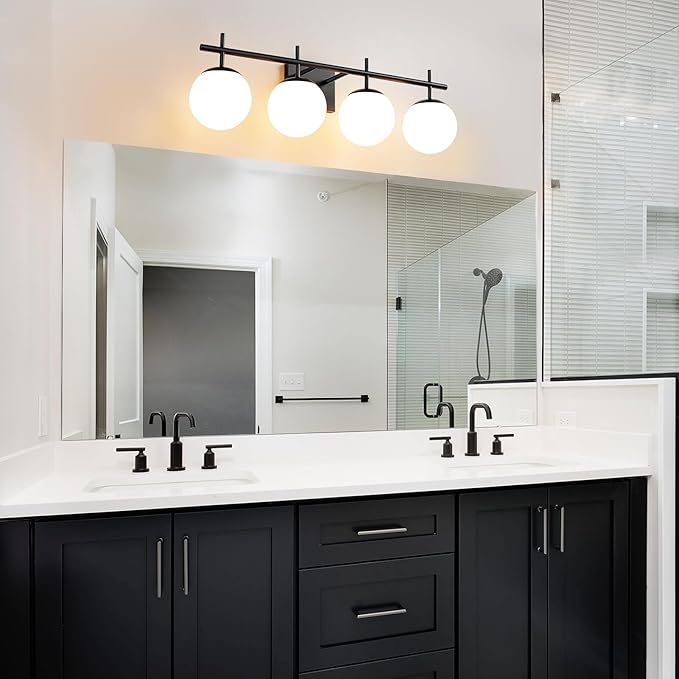 Bathroom Lighting Fixtures Over Mirror, 4-Light Matte Black Vanity Light, 30.7 Inch Modern Bathroom Light Fixtures with Milky White Glass Globe Shade Bath Vanity Lighting Fixtures Wall Sconce