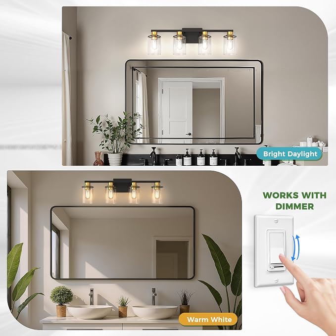 4-Light Black and Gold Bathroom Vanity Light Fixture Over Mirror | Modern Vanity Light Fixture, E26 Vanity Light Fixture With Clear Glass Shade, Wall Sconce for Hallway Bedroom Living Room