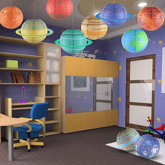 12Pcs 10 Inch Space Planet Paper Lanterns Decorative Solar System Hanging Round Paper Lanterns Lamp for Birthday Party Decoration Home Decor Room Decorations