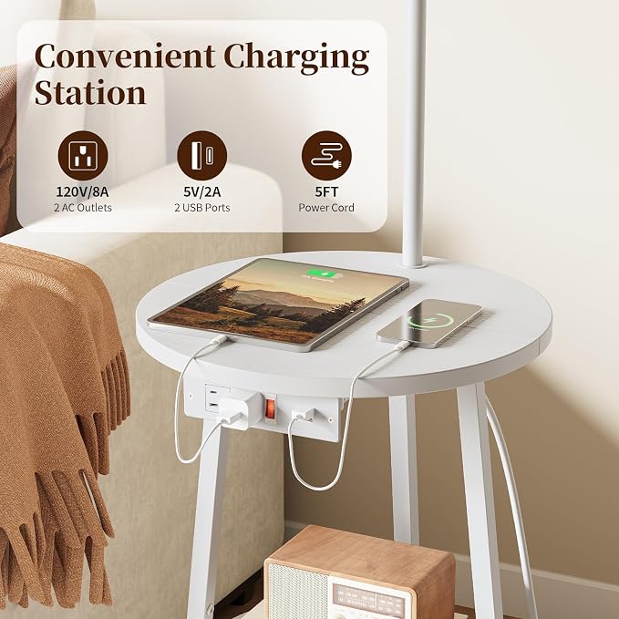 Yoobure Floor Lamp with Table - Farmhouse Night Stand with Charging Station | Side Table with Floor Lamps for Living Room, Bedroom, End Table with Lamp Attached 3 Color Temperatures Bulb, 2 Tier Shelves