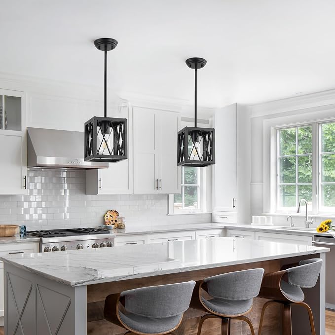 KEESFU Farmhouse Pendant Light with Metal Cage,1 Light Black Pendant Lighting for Kitchen Island,39 Inch Adjustable Rods for Flat and Slop Ceiling,Kitchen Island Hallway Foyer.2 Pack.