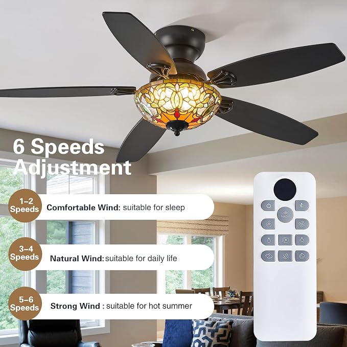 Tiffany Ceiling Fans with Lights-48"Ceiling Fan Chandelier and Glass Shade | 48" Ceiling Fan Chandelier with 5 Dual-Blades and Glass Shade, 6 Speeds and Reversible, Indoor and Outdoor, Retro Style
