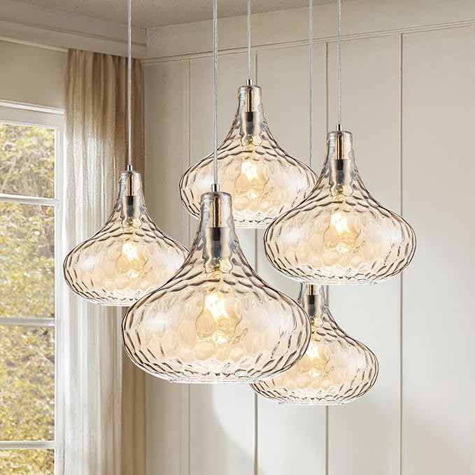 11 Inch Amber Hammered Glass Pendant Light Brushed Nickel Ceiling Lamp | Adjustable height, standard E26 bulb, versatile decor fixture for dining area, kitchen island living room & entry hallway