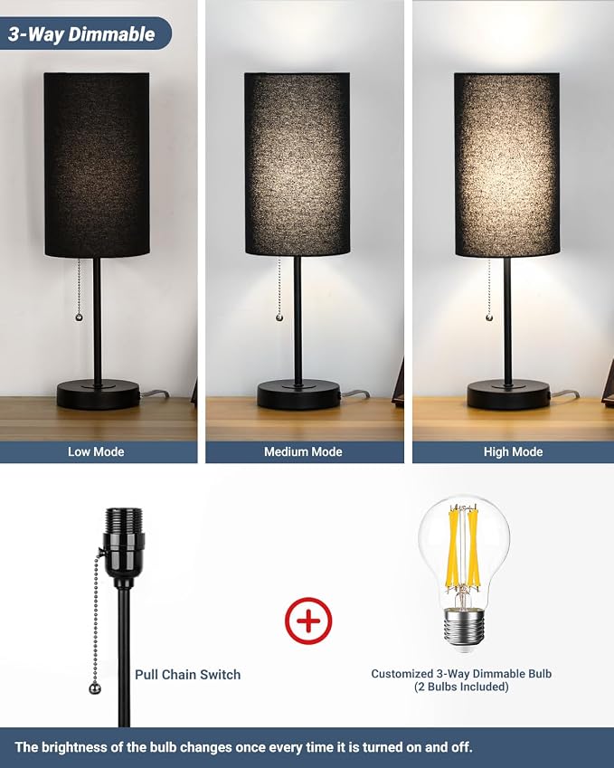 Small Table Lamps Set of 2 Desk Lamps for Living Room 3 Way Dimmable Black Nightstand Lamps with Metal Base Fabric Shade | Pull Chain Bedside Lamps for Bedrooms 18.5 Inches Lamp (Bulbs Included)