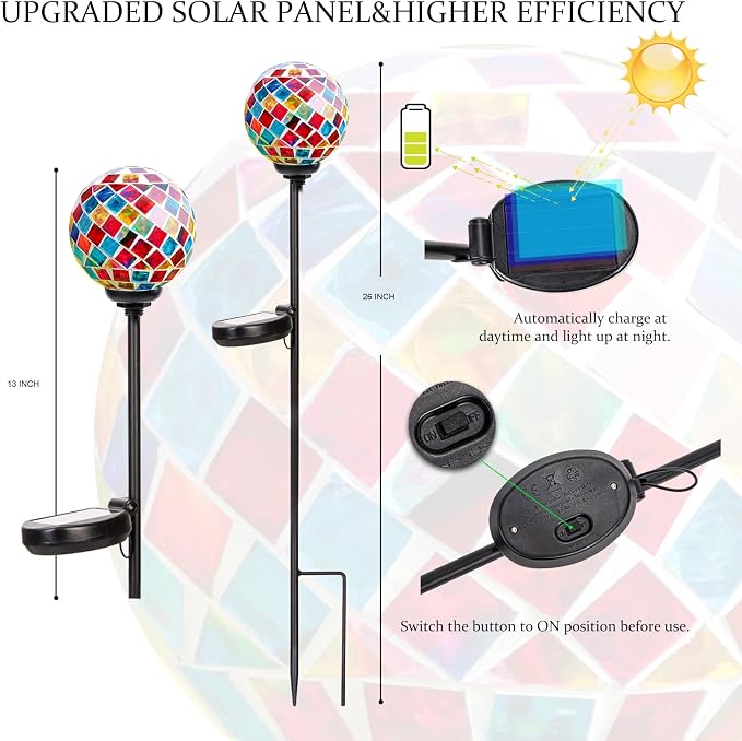VCUTEKA Decorative Solar Garden Lights, 3.5" Mosaic Globe Outdoor Stake | Mosaic Glass Globe Design, Solar LED Light, Waterproof Design, Auto On/Off and Metal Stake Design for Lawn and Patio