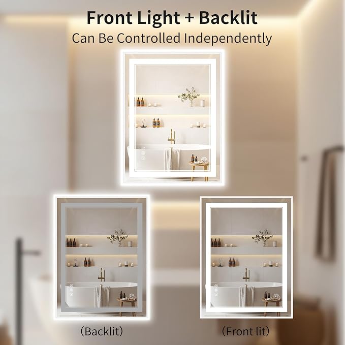 24"x32" LED Bathroom Mirror with Lights, Front & Backlit, Anti-Fog | Lighted Mirror with Dimmable, Aluminum Frame, 3 Color Temperature, CRI 90+, Touch Control with Memory, HD Tempered Glass