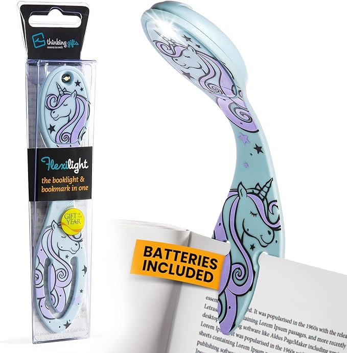 Gifts for Readers & Writers Book Light, Clip On Reading Light for Bed, 2in1 Flexilight & Bookmark, Small & Lightweight with a Soft Glow, 2 Batteries Included, Unicorn