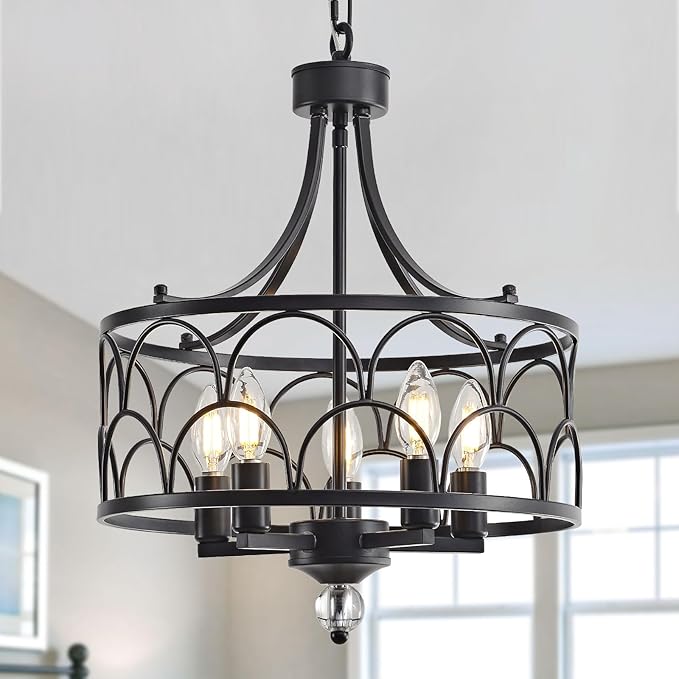 5-Light Black Chandelier,15.2in Farmhouse Lantern Pendant Light Fixture,Adjustable Hanging Ceiling Lamp with E12 Socket,for Kitchen Island,Bedroom,Entryway,Dining Room